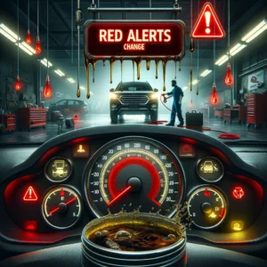 Dashboard warning lights signal that an oil change is needed, as a mechanic works on a car in a dimly lit garage background.