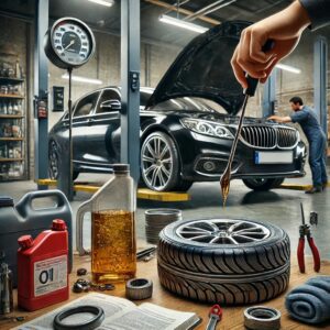 Mechanic performing an oil change and tire check in a garage, highlighting essential car maintenance tasks.